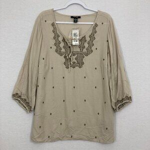 New Style‎ & Co Beige Cream Embroidered Beaded Cottagecore Boho Blouse size 1X